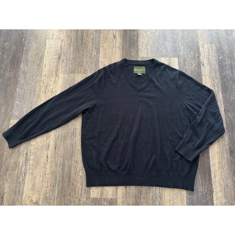 Eddie Bauer Mens XXL Black V-Neck Sweater Cotton Cashmere Blend Knit Pullover